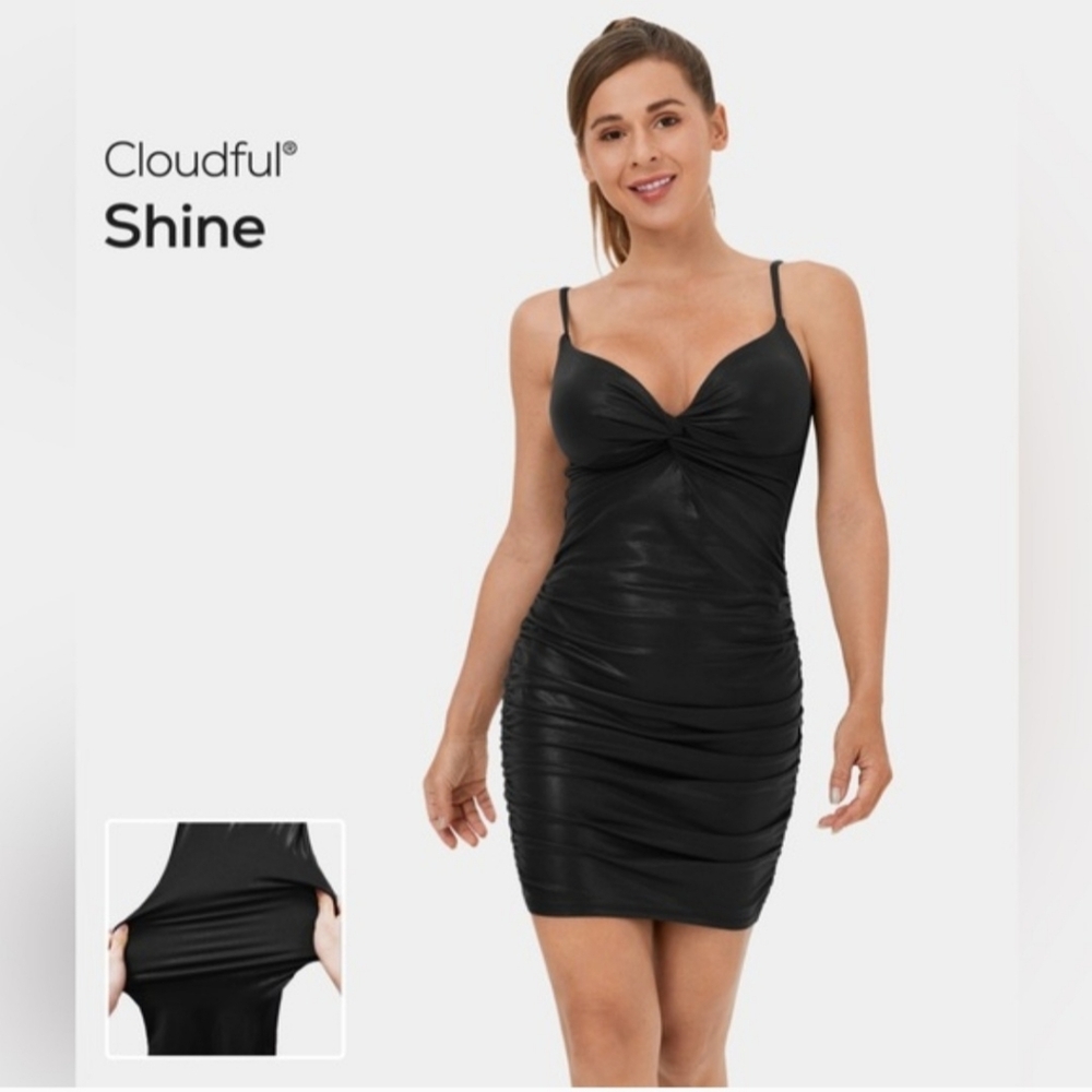 Halara Cloudful Shine Twist Front Black Metalic Ruched Bodycon Dress